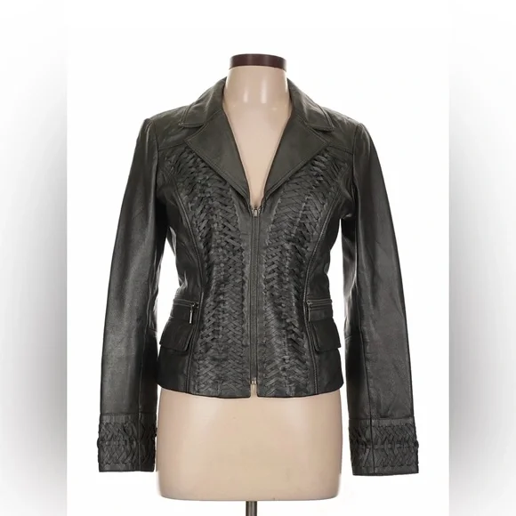 Vintage Cache Black Leather Jacket Full Zip 90s Y2k Soft Women’s 10 Short Fitted - Picture 1 of 9